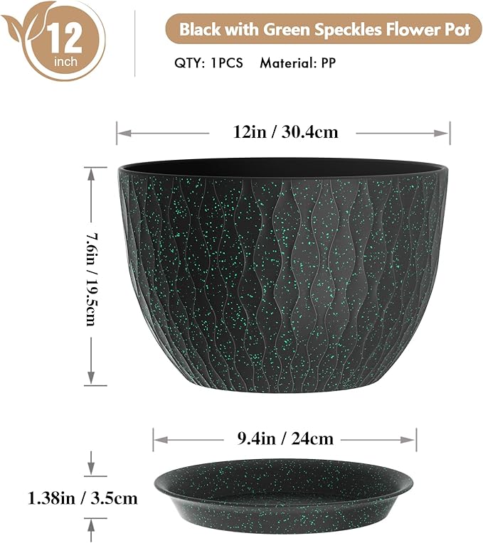 12 Inch Wide Water Ripples Flower Pots for Indoor or Outdoor Plants Large Plant Pots with Drainage Holes &amp Saucer Plastic Planters Set for Garden &amp Home Decor (Black with Green Speckles)
