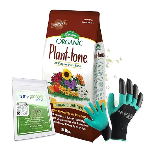 Espoma PT8 Organic Plant-Tone 5-3-3 8 lb. Bag All Purpose Plant Food with My Garden Pool PH Soil Test Strips 20 ct and Gardening Claw Gloves and Garden-IQ Smart Gardening AI Assistant!