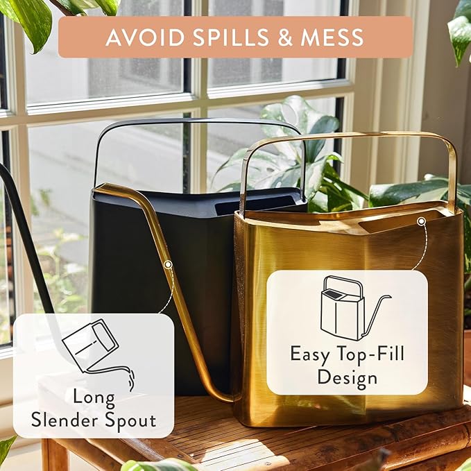 Modern Sprout Brass Finish Plant Watering Can - 3L Capacity - Long Spout Stainless Steel Vessel for Outdoor &amp Indoor Plants - Rust Resistant - Garden Accessory for Houseplants &amp Decorative Use