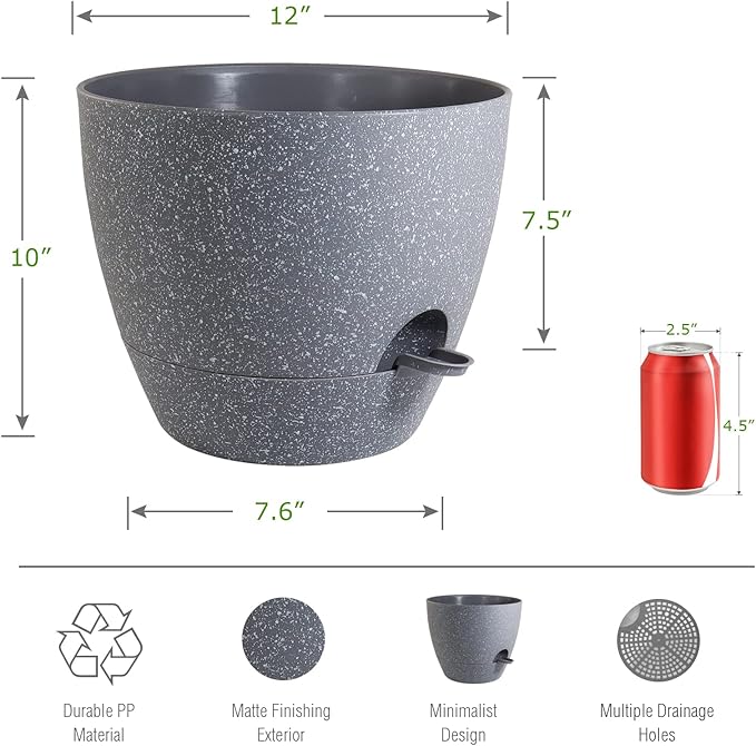 12 inch Large Self Watering Pots Plastic Planters with 60oZ Removable Deep Reservoir and Multi Mesh Drainage Holes for Indoor Outdoor Garden Plants and Flowers Grey Speckles