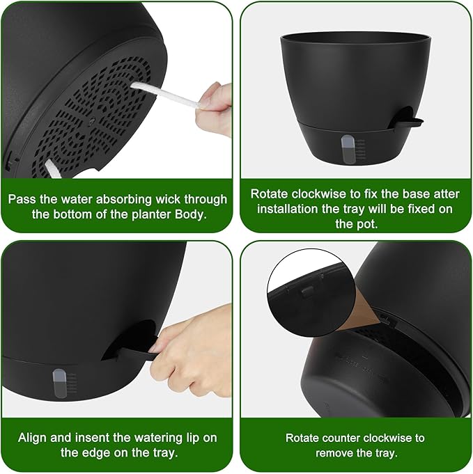 Self-Watering Plant Pots with Water Level Indicator Drainage Holes &amp Saucers – 12/10/9 Inch Large Plastic Planter Set for Indoor &amp Outdoor Plants (Pure Black)