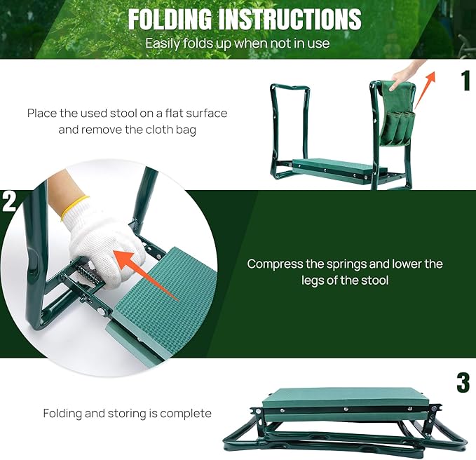 Folding Garden Kneeler Seat with Handles and 3 Tool Bag Anti-Tipping Gardener Stool Widened Thick EVA Soft Foam Kneeling Pad Portable Lightweight Gardening Kneeler Stool for Garden