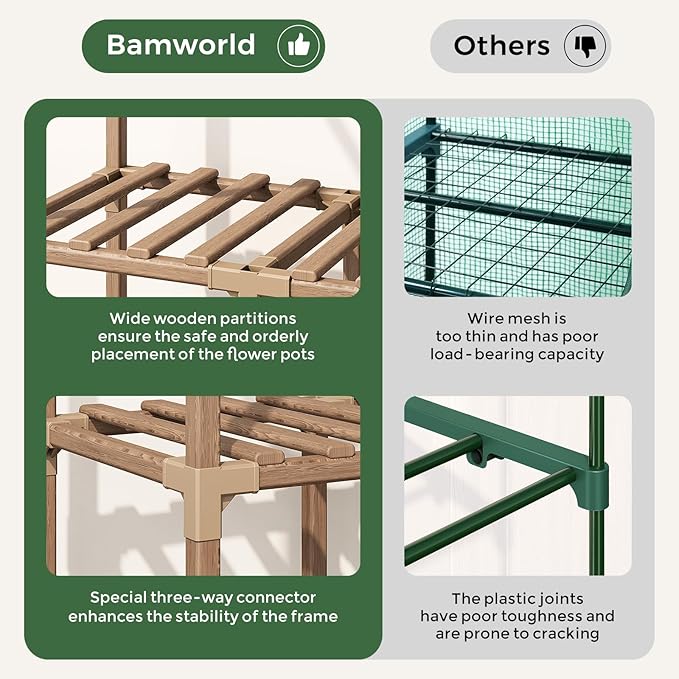 4 Tier Bamworld Mini Greenhouse for Outdoor Indoor 22 x 16 x 66-Inch Portable Greenhouses with Reusable PE Cover Small Greenhouse Kit for Outside Heavy Duty Patio Wooden Greenhouse Tent