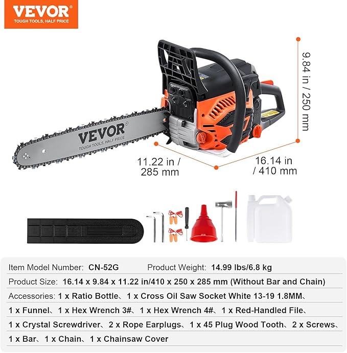 VEVOR Gas Chainsaw 52CC 2-Cycle Gasoline Powered Chainsaw 18 Inch Handheld Cordless Petrol Chain Saws For Forest Wood Garden and Farm Cutting Use