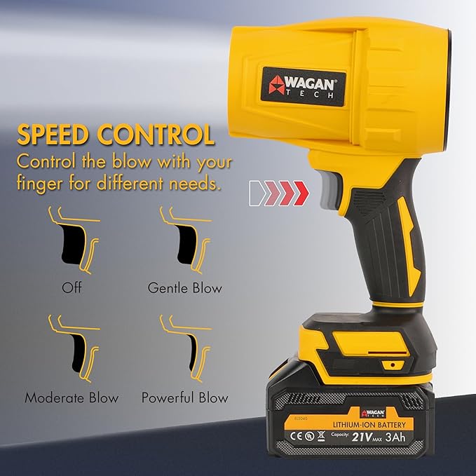 Wagan EL7213 Handheld Cordless Leaf Jet Blower 31000RPM High Performance Turbo Air Duster Including 2 UL Certified 3.0Ah Batteries Portable Lightweight Duster Cleaner for Home and Car Cleaning Use