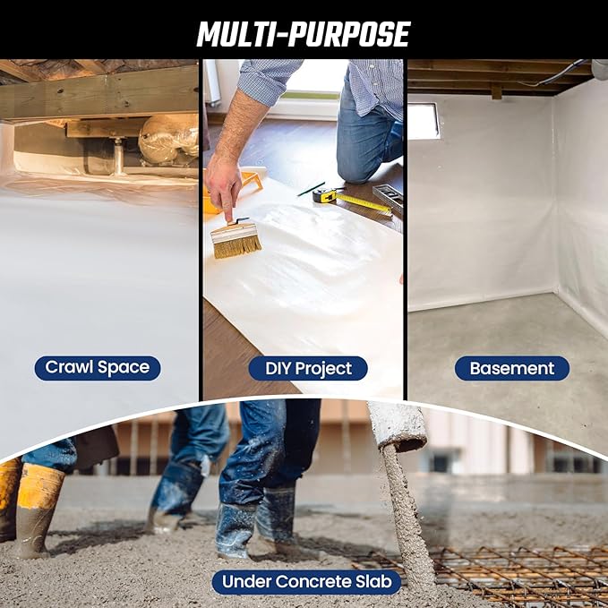 Crawl Space Vapor Barrier 10 Mil Vapor Barrier 12' x 50' Drop Cloth Moisture Barrier Covering for Crawlspace Encapsulation Thick Plastic Sheeting Polyethylene Film Black and White Panda Film