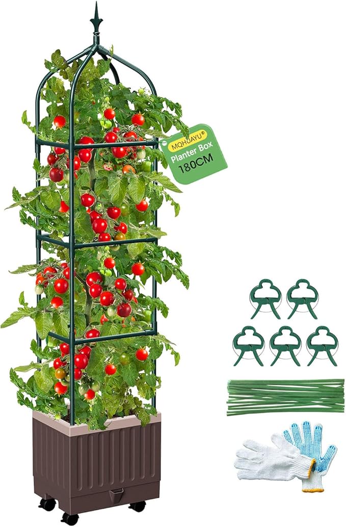 Raised Garden Bed Planter Boxes with Trellis1pcs 70.9Self-Watering Tomato Planter Boxes with Trellis for Climbing Vegetables Plants Flowers Tomato with WheelsUse for Indoor Outdoor (Brown)