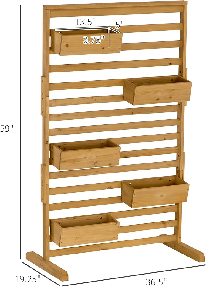 Natural Wood 5-Tier Vertical Plant Trellis Stand – Freestanding Outdoor Planter with 5 Hanging Boxes for Patio Garden Balcony (36.5 W x 59 H)