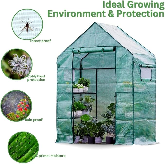 Greenhouse for Outdoors Walk in Greenhouses Heavy Duty with Durable PE Cover 2 Mesh Windows 3 Tiers 4 Shelves with Roll-up Zipper Door Indoor Portable Gardening Plant House 56'' x 29'' x 77'' Green