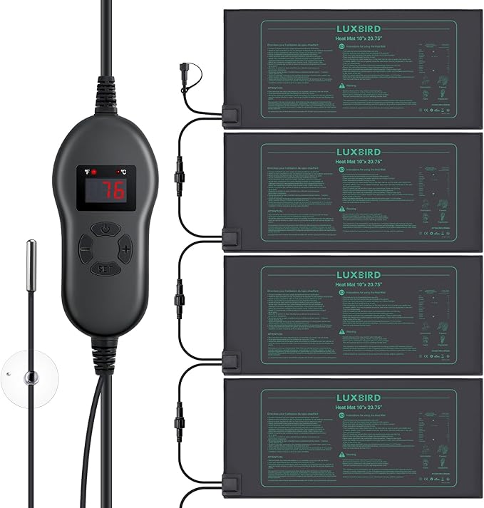 LUXBIRD 4 Pack Seedling Heat Mats with Digital Thermostat Controller 10 x 20.75 Waterproof for Seed Starting Germination Hydroponics Brewing Breeding Greenhouses (LB-HT04)