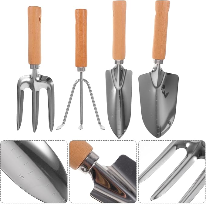 4pcs Garden Tools Set with Wooden Handles – Wide Shovel Pointed Shovel 3-Prong Rake and 3-Prong Hoe – Handheld Gardening Tools Kit for Planting Weeding and Outdoor Yard Work