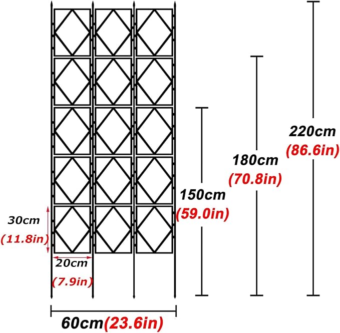 LTSRLL Foldable Garden Trellis Plant Supports - Weatherproof Coated Pot Trellis - Indoor Outdoor Decoration Fence for Climbing Vegetable Flower Fruits Vine Frame(Black60x220cm/23.6x86.6in)