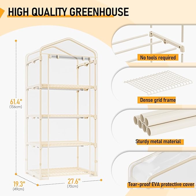 SPECILITE Indoor Greenhouse with Grow Lights - Adjustable 4 Tiers 27.6L×19.3W×61.4H Mini Greenhouse with Zip PVC Cover and 45W Plant Light Portable Green House with Timer for Winter &ampIndoor Pl