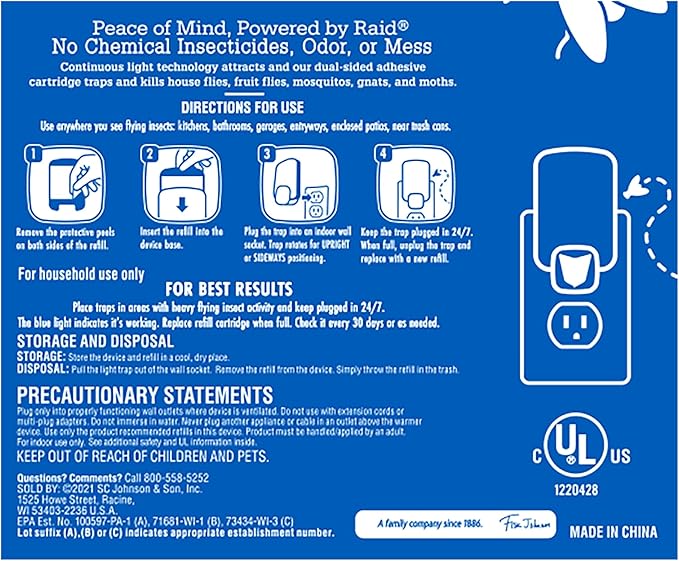 Raid Essentials Flying Insect Light Trap Starter Kit 2 Plug-In Devices + 2 Cartridges Featuring Light Powered Attraction
