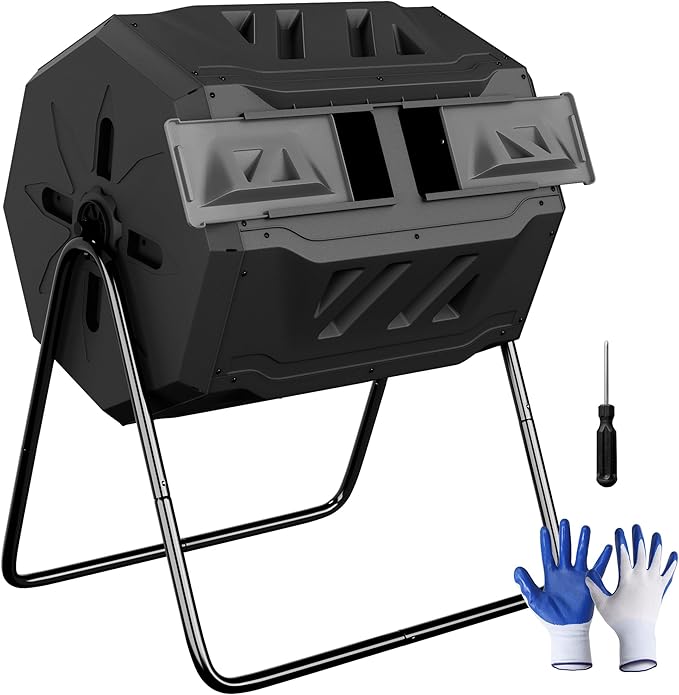 JupiterForce 43 Gallon Compost Bin Outdoor Dual Chamber Composter Tumbler 360° Rotating Tumbling Composter with 2 Sliding Doors for Kitchen Garden and Yard Waste Black (BPA Free)