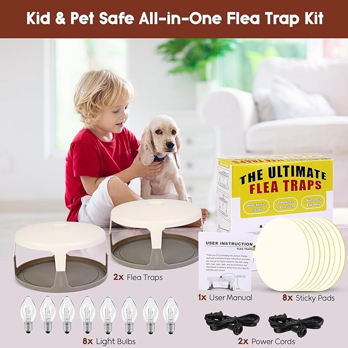 Flea Traps for Inside Your Home 2 Pack Indoor Flea Light Electric Bed Bug Insect Killer with 8 Sticky Pads &amp 8 Light Bulb Replacement Natural Pest Control w/Glue Discs Refills Safe for Kid Pet