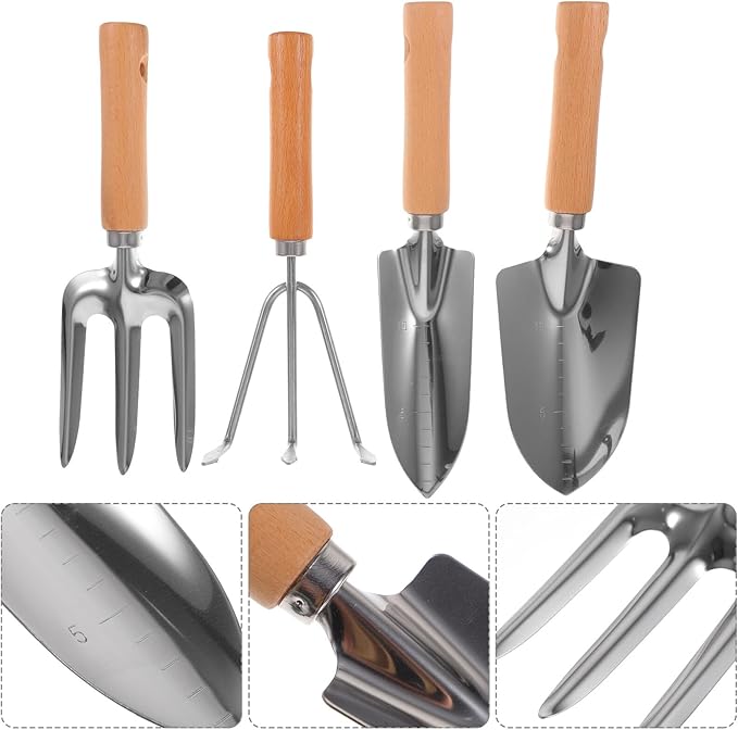 VICASKY 4pcs Gardening Tools Set with Wooden Handles – Garden Hand Trowel Narrow Shovel 3-Prong Hand Rake and Cultivator for Planting and Weeding in Home Garden