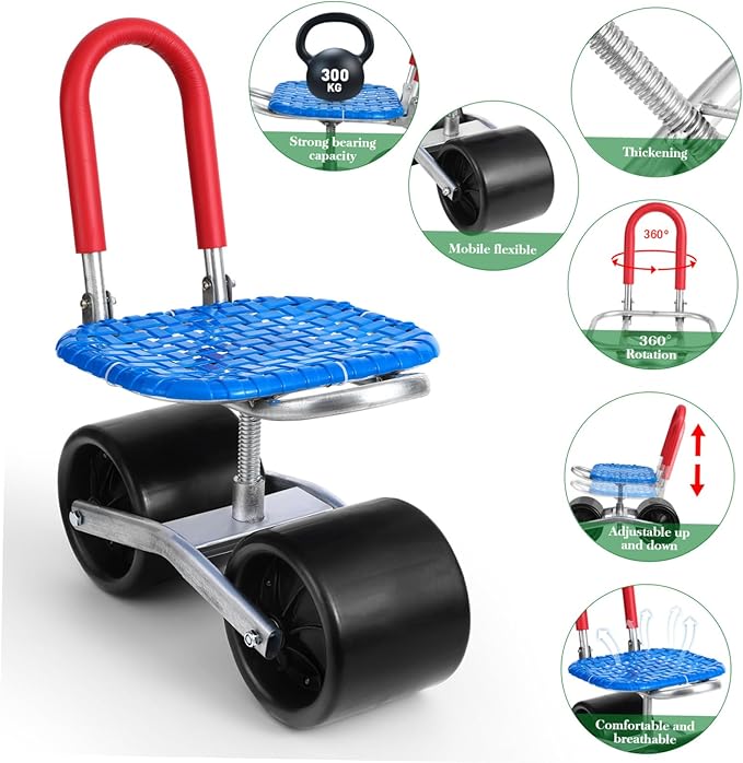 Rolling Garden Seat with 360° Rotation Height Adjustable Stool for Comfortable Gardening