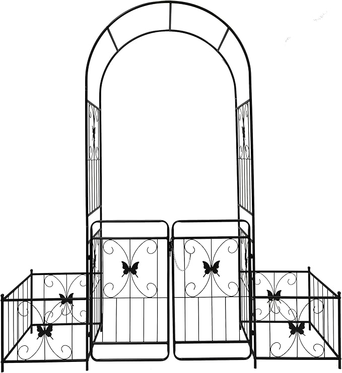 86''H Metal Garden Arch Rustproof Garden Arbor Trellis with Two Plants Stand and Gate 0.63'' Dia Galvanized Tube Plant Trellis for Climbing Plants Rose Jasmine (Black)