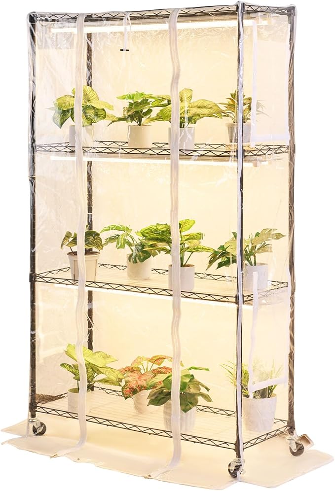 VEVOR Indoor Greenhouse with Grow Light 59 in Tall 4-Tier Plant Stand with Clear Cover Timer &amp Hygrometer 180W Full Spectrum Grow Lights Metal Lighted Plants Shelf Holder for Indoor Plants