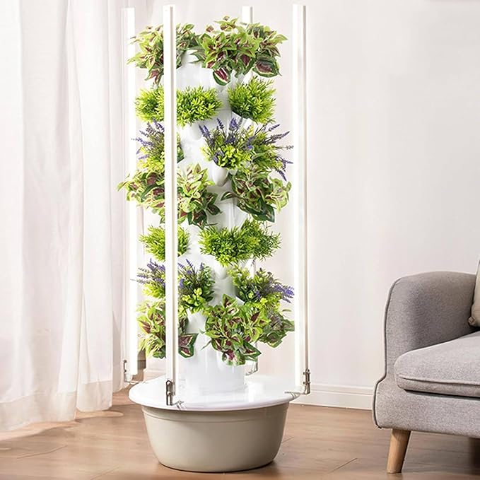 Hydroponic Grow System Tower with Foldable Led Light 20/28/32 Pods Vegetable Tower with LED Grow Light with Hydrating Pump Adapter Net Pots for Herbs Fruits and Vegetables7Layers/28Pots