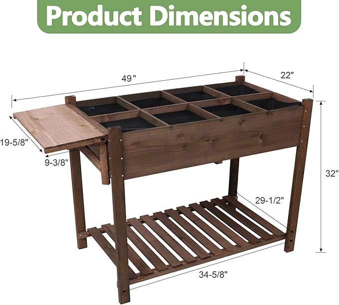 Elevated 8 Pocket Herb Garden BedWooden Standing Planter Box with LegsFoldable Side Table and Storage Shelf Patio Raised Garden Bed for HerbsVegetablesFlowers (Dark Brown 49 Inch)