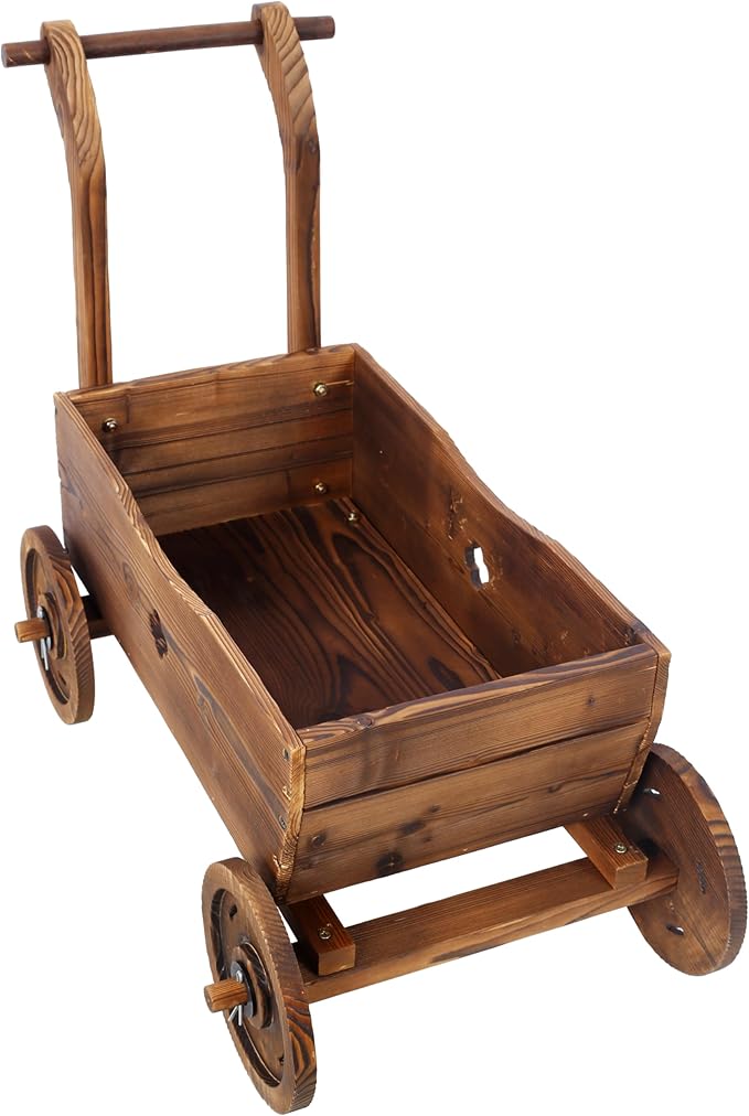 Wooden Wagon Planter Box Mobile Garden Planter with 4 Wheels Handle Drain Hole Decorative Flower Planter for Indoor Outdoor Decor Wooden Flower Cart for Patio Garden Balcony Brown