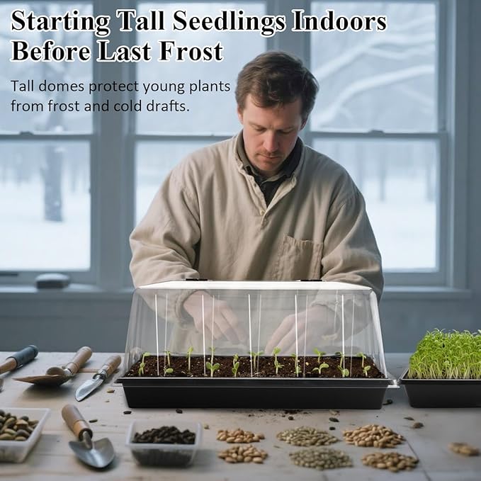 1020 Trays with Tall 7.3'' Dome 10-Pack Extra Large Seed Starter Tray with Humidity Domes Heavy Duty 1020 Seed Trays and Flats with Lid Seed Germination Mini Greenhouse No Hole for Balcony Garden