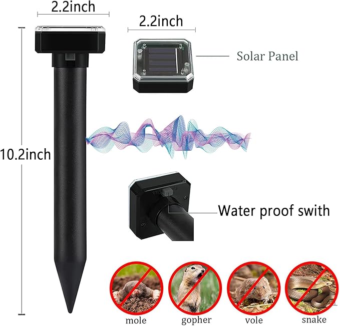 Solar-Powered Mole Repellent 10P Outdoor Gopher Repellent for Lawn Garden Yard Mole and Vole Repeller Waterproof Effectively Repels Gophers Snake Black