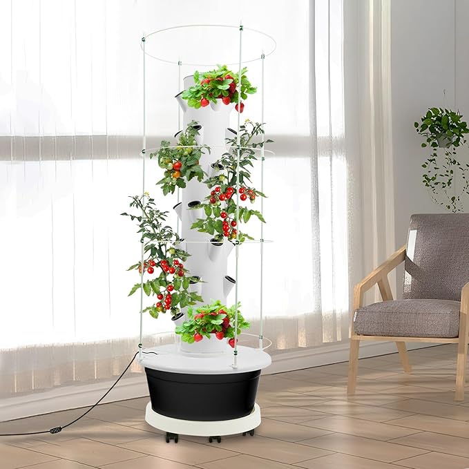 28-Plant Hydroponic Growing Tower 7-Tier Indoor Vertical Garden System with Climbing Trellis Hydroponic Tower Kit with Automatic Water Circulation Pump and Timer for Home Balcony White and Black