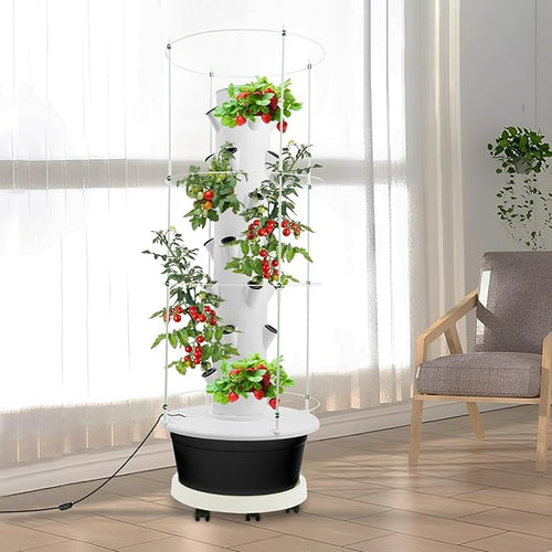 28-Plant Hydroponic Growing Tower 7-Tier Indoor Vertical Garden System with Climbing Trellis Hydroponic Tower Kit with Automatic Water Circulation Pump and Timer for Home Balcony White and Black
