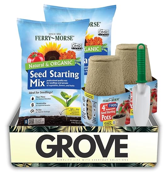 Ferry-Morse Organic Flower and Vegetable Seed Starting Mix 8 qt Bundle with Seed Starting Peat Pots &amp Hand Transplanter – Nurtures Strong Roots and Healthy Seedlings – Gift Set (5 Items)