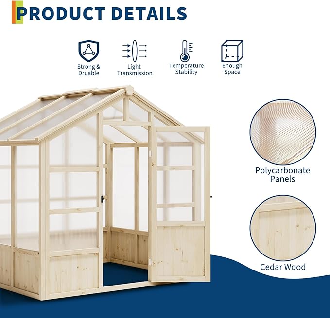 Wooden Greenhouse for Outdoors 8x6FT Greenhouse with Lockable Door Wood Frame &amp Adjustable Vent for Outside Garden Yard Light Brown