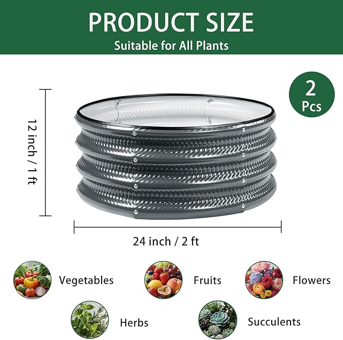 2 Pcs 2x2X1 FT Round Galvanized Raised Garden Bed Kit Silver Outdoor Planter Garden Bed Metal Raised Box for Vegetables Fruits Flowers &amp Herbs