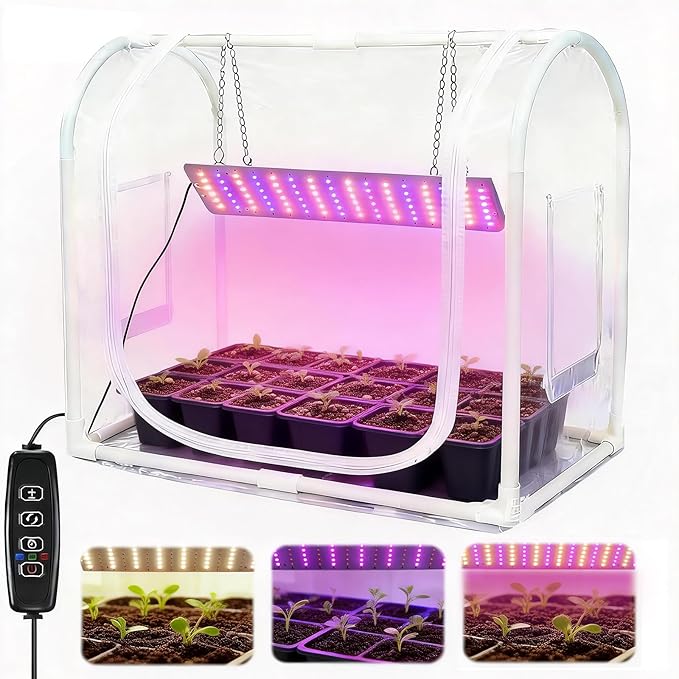 Mini Greenhouse with Grow Light for INDOOR OUTDOOR Metal Fram Tabletop GreenHouse with Waterproof Mat 3/9/12H Timer &amp Dimming Function for Seed Starting Mushroom Cultivation(23.6L x 15.7Wx 19