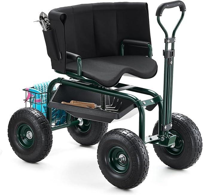 VEVOR Garden Seat with Wheels Rolling Garden Stool with Height Adjustable &amp 360° Swivel Seat 400lbs Weight Capacity Gardening Cart Bench Ergonomic Backrest &amp Tool Storage for Yard Patio