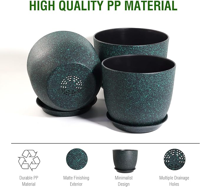 12/10/9 Large Modern Plant Pots Plastic Planters with Drainage Holes and Saucers for Indoor Outdoor Plants Flowers Black with Green Speckles