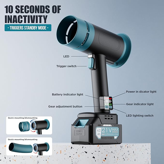 Hamos Powerful Car Dryer Air Blower 670CFM Airflow 4-Speed 4Lb Max Thrust 4.0Ah Battery and Charger 2 Extended Tube &amp LED Super Electric Leaf Blower for Car/Lawn/Garage/Patio/Yard (Dark Blac