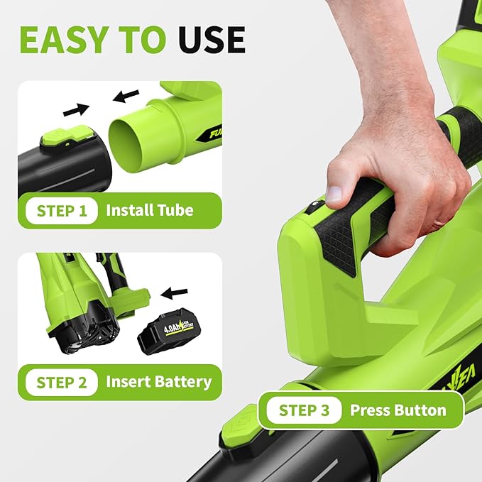 Leaf Blower Cordless 500CFM/150MPH Cordless Leaf Blower with 2 x 4.0Ah Batteries &amp 3 Tubes 6 Speed Modes Electric Leaf Blowers Battery Powered for Cleaning Patio Yard Garage Lawn (Green)