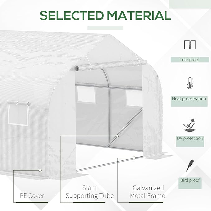 Outsunny 11.5' x 10' x 6.5' Outdoor Walk-in Greenhouse Tunnel Green House with Roll-up Windows Zippered Door PE Cover Heavy Duty Steel Frame White