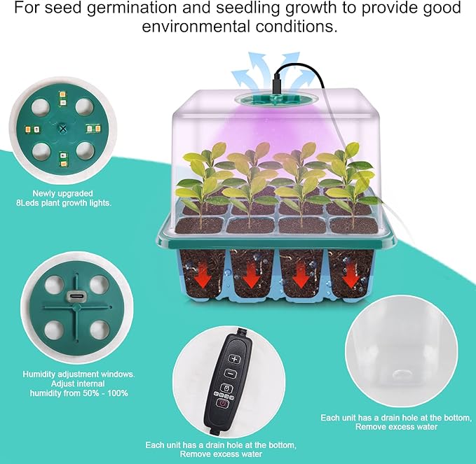 Seed Starter Tray with Grow Light Plant Germination Starter Kit Seed Starter kit with Humidity Dome and Base for Greenhouse Grow Wheatgrass Hydroponic (Timed Seedling Tray)