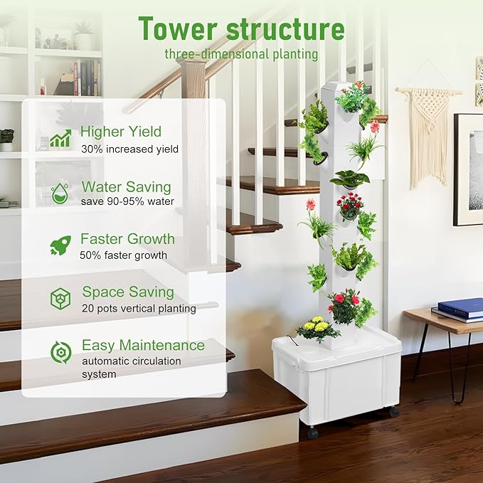 Hydroponic Tower Growing System with Pump and Wheels 20-Plant Vertical Garden Planter 5-Tier Indoor Herb Growing Kit Movable Hydroponics for Home Gardening Enthusiasts White 1 US Plug