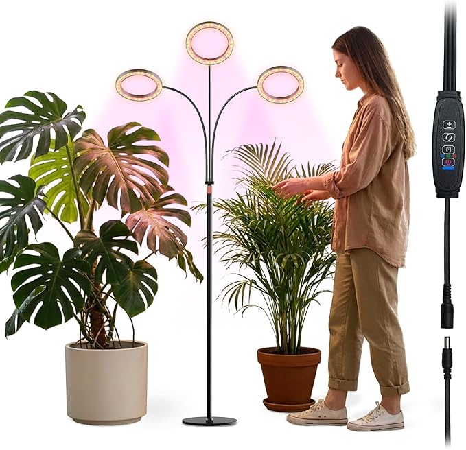 hree Heads 42W 196 Led Full Spectrum Plant Light 5.5FT Adjustable Height Standing Grow Light 3/9/12H Timer Grow Lights for Indoor Plants