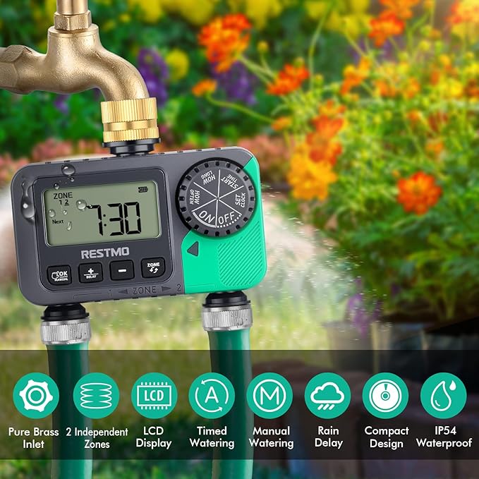 RESTMO Water Timer for Garden Hose Sprinkler Timer with Brass Inlet Automatic Digital Control | Manual ON/Off | Rain Delay for Outdoor Faucet Drip Irrigation and Lawn 2 Outlet