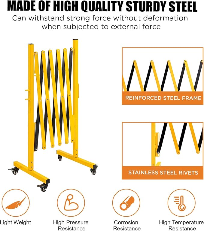 TECSPACE Industrial Expandable Metal Barricade Expansion Size 8.2 FT Yellow and Black Durable Steel Safety Barricade with casters Flexible Mobile Barrier Gate Adjustable Traffic Fence
