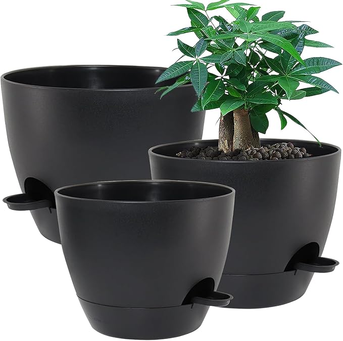 Large Self Watering Pots 12/10/9 Plastic Planters with High Drainage Holes and Deep Reservoir for Indoor Outdoor Garden Plants and Flowers Black