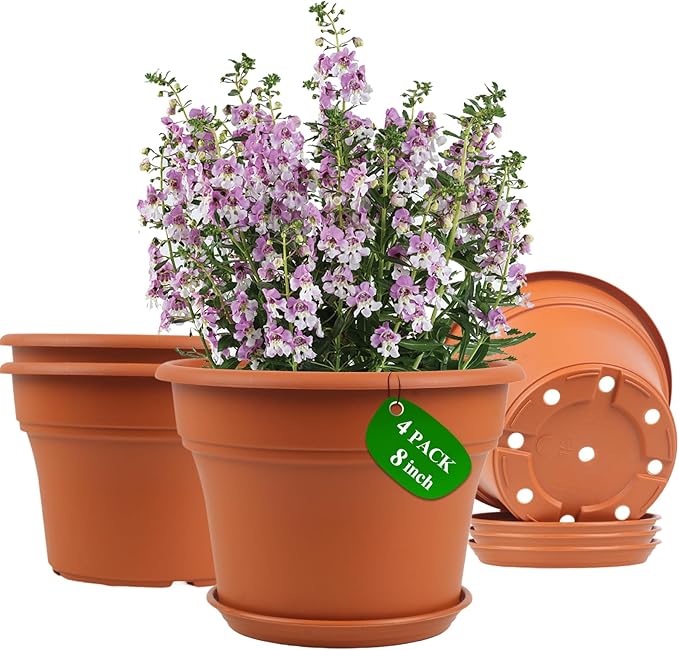 8 Inch Plastic-Flower Pot-for-Indoor Plants 4 Pack Large Outdoor Planter Pot with Drainage Holes &amp Saucers Resin Decorative Garden Pots Planters