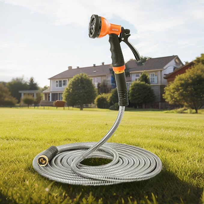 VEVOR Garden Hose Metal 75 ft Rust Proof Stainless Steel Water Hose Heavy Duty Backyard Hose with 10 Function Nozzle No-Kink &amp Flexible Water Pipe Lightweight Metal Hose for Yard Outdoor