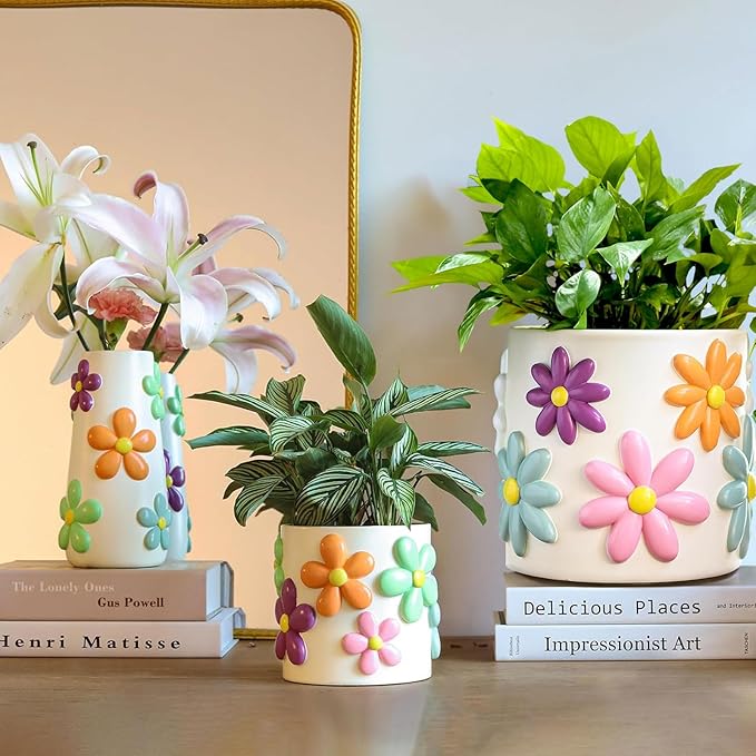GUGUGO 8 Inch Daisy Planters Decorative Large Plant Pots with Drainage Holes Funny Unique Flower Pot for Indoor Plants Colorful Gardening Pot for Boho Modern Home Décor Blue