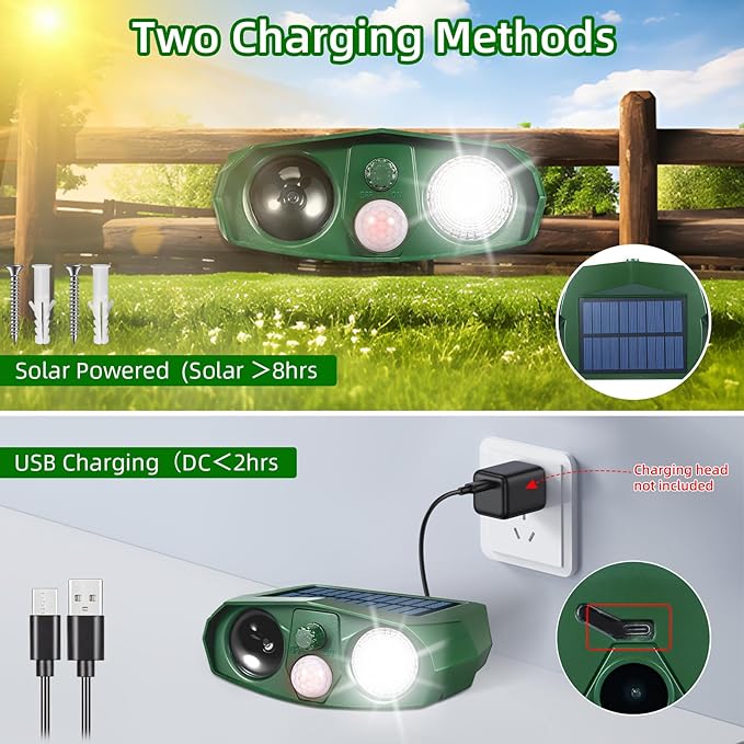 4Pack Solar Ultrasonic Cat Repellent Outdoor Animal Repellent with Flash Light&ampUSB Charge Waterproof Animal Deterrent Devices Deer Repellent Devices for Rabbit Squirrel Skunk Repellent for Yard